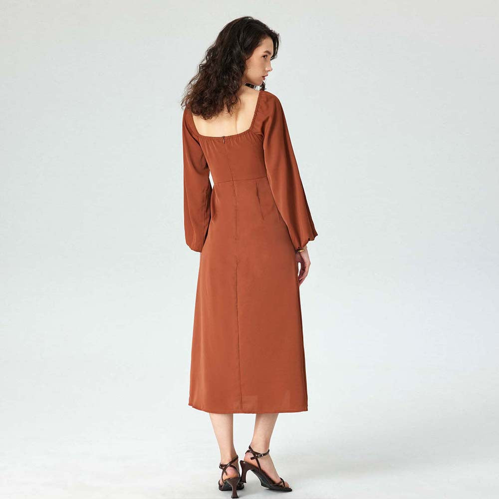 Vestido de cuello cuadrado intelectual para mujer adulta, vestido a media pierna con abertura elegante francesa para otoño e invierno