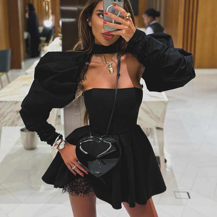 French Tube Top Dress Women High Grade Sexy Backless Long Sleeves Black Two Piece A Line Dress