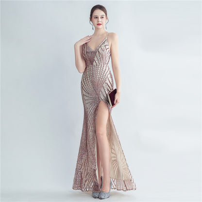 High Density Sequ Binding Waist Shaping Side Slit High End Evening Dress