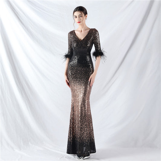 Dress Craft Order Ostrich Feather Gradient Sequin Long Sleeve Evening Dress