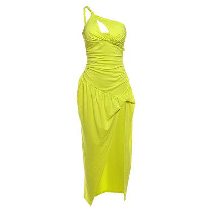 Summer Women Clothing Personality Pleated Hollow Out Cutout out Elegant Sexy Slit Solid Color Sloping Shoulder Dress