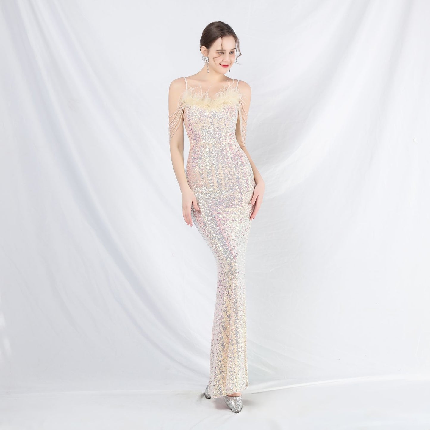 Beaded Ostrich Feather Colorful Sequin Long Evening Dress