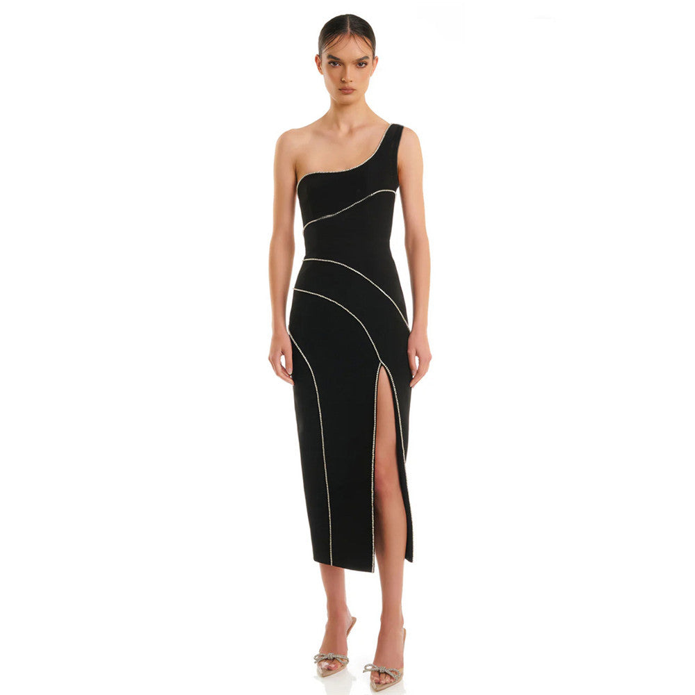 Sexy Split Shoulder Sleeveless Slim Bandage Dress Diamond Studded Party Cocktail Evening Dress Dress