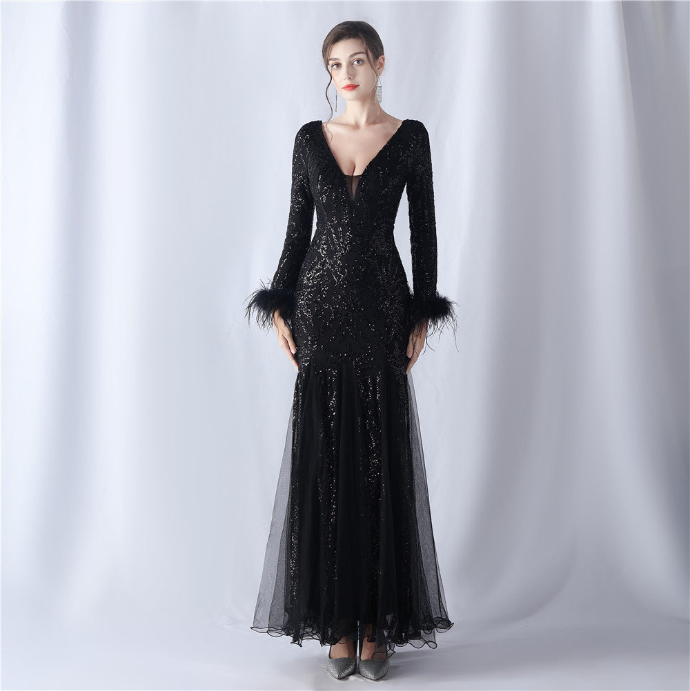 Ostrich Hair Mesh Sequin High End Evening Dress