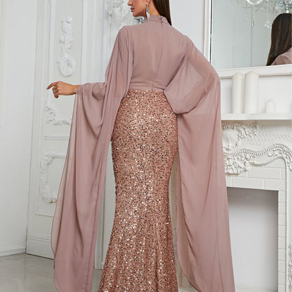 Robe à paillettes, col roulé, maille, robe de soirée, robe queue de poisson