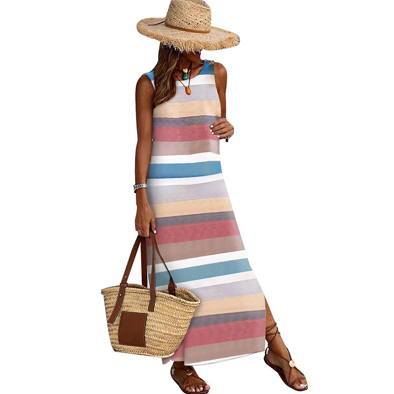 Summer Colorful Striped Dress Vacation Casual All Match Simple Dress