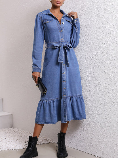 Robe en jean rétro à manches longues pour femmes, amincissante, contrôlée à la taille