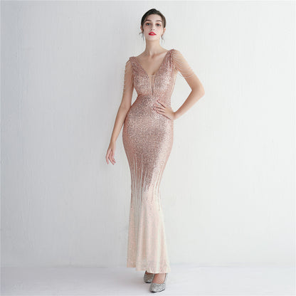 Robe de soirée longue à paillettes dégradées à rayures verticales, coupe ajustée, élégante et cool