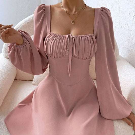 Autumn Winter Women Clothing Waist Controlled Large Hem A line Dress Puff Sleeve Square Collar Sweet Dress