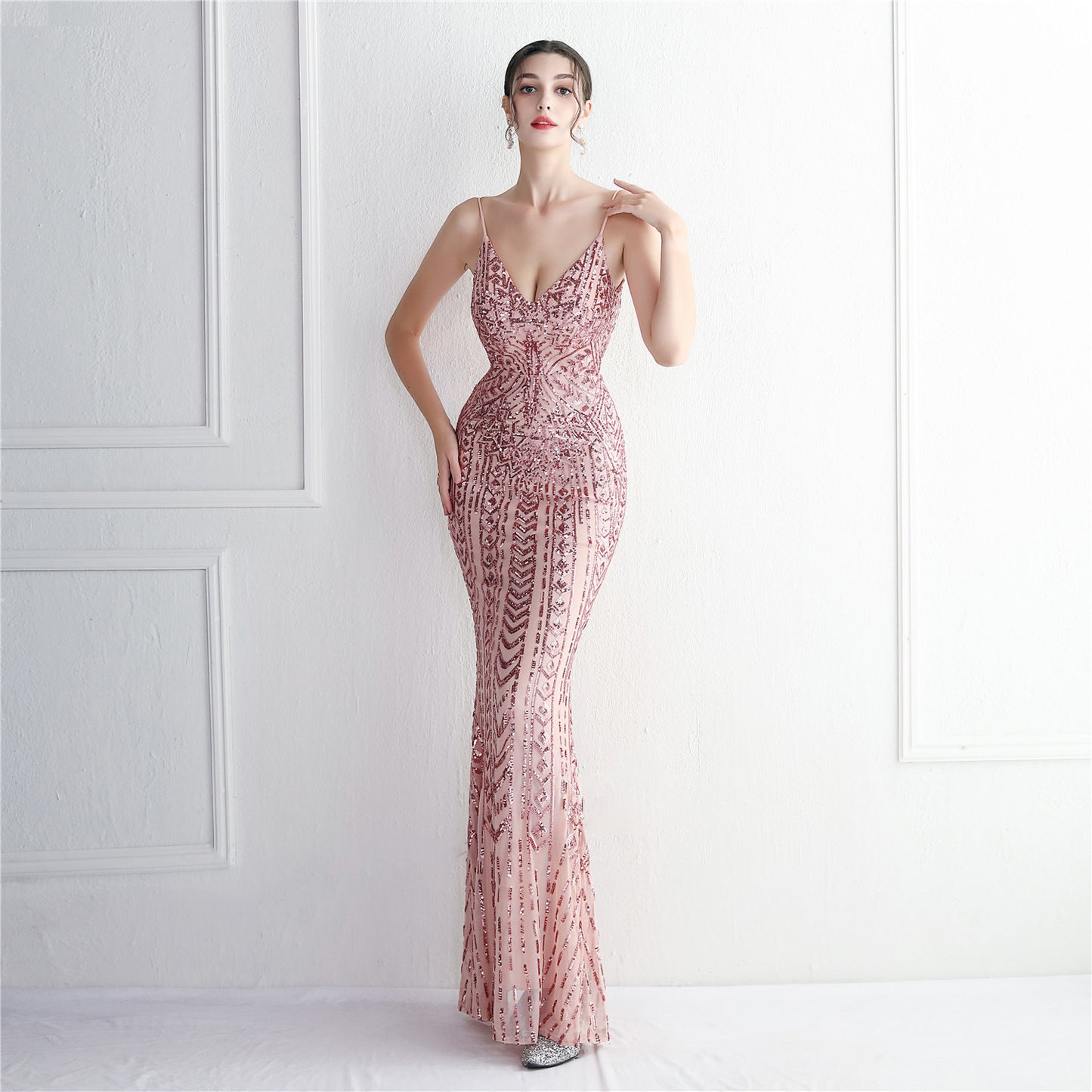 Positioning Floral Sling Party Sequined Dress Long Cocktail Slim Fit Evening Dress Fishtail Dress