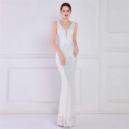 Positioning Floral Sequin Cocktail Elegant Long Sleeveless Sequined Aura Queen Fishtail Dress Slimming Fishtail Dress