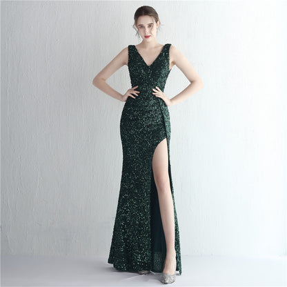 Robe de cocktail longue fendue à paillettes faite à la main pour femmes, robe de dîner en queue de poisson à paillettes Aura Queen