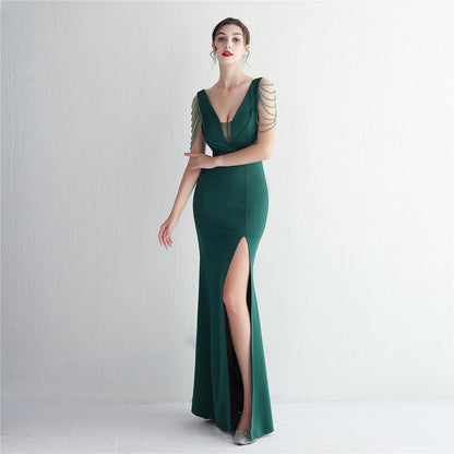 Satin Craft Beaded Long Banquet Slim Fit Evening Dress Elegant Long Sequin Annual Meeting Host