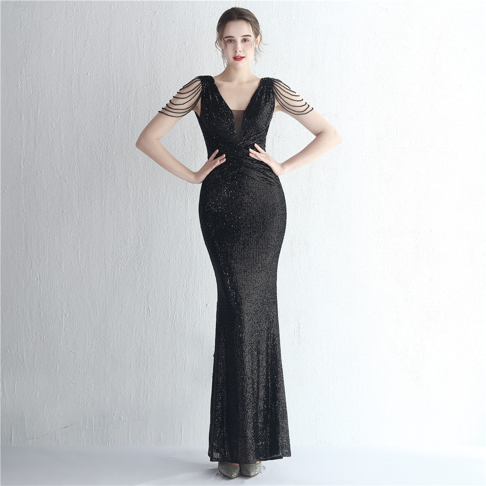 Robe de cocktail élégante à paillettes pour femme, silhouette flatteuse, longue, à paillettes, pour dîner, en queue de poisson