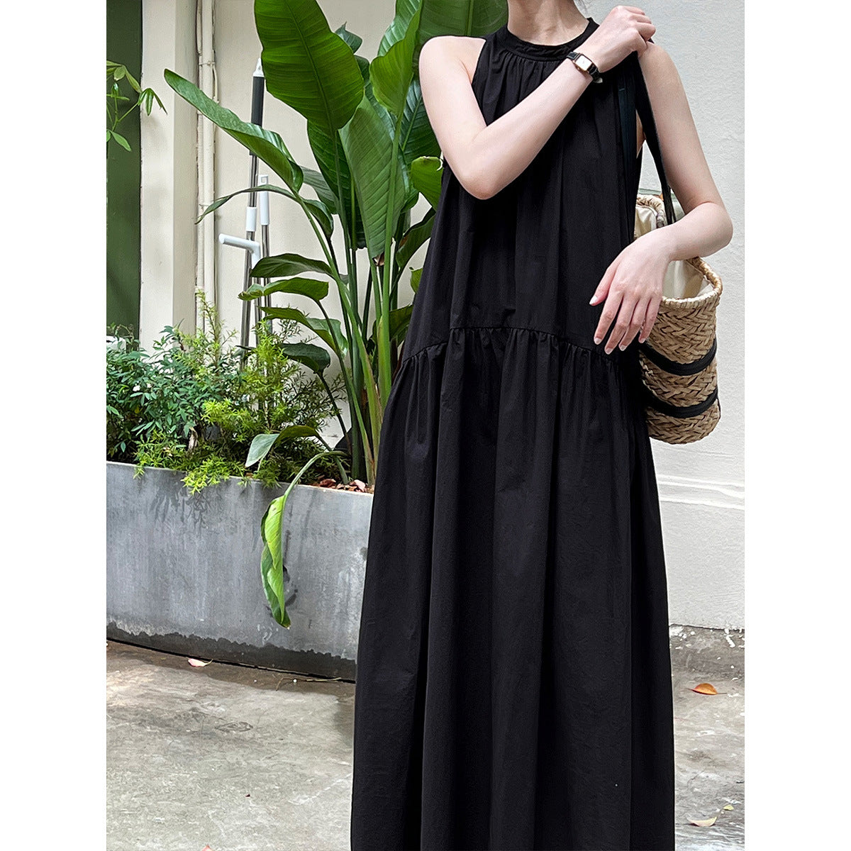 Relaxed Lazy Sleeveless Halter Dress Summer Elegant Big Hem off the Shoulder Sling Dress