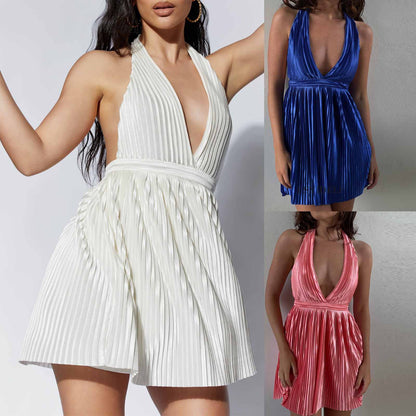 Summer Solid Color Sleeveless Halter Dress Women Sexy Sexy Backless Pleated V-neck Short Dress Women