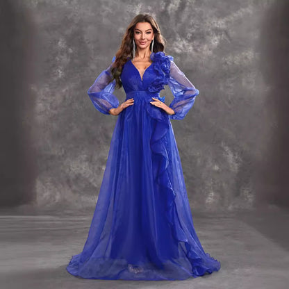 Women Prom Evening Dress V Neck Long Sleeve Three Dimensional Flounce Decorative Elegant Dress