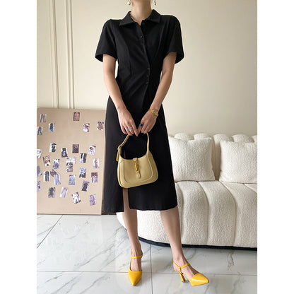 Waist-Tight Side Buckle Design Polo Collar Dress Summer Women