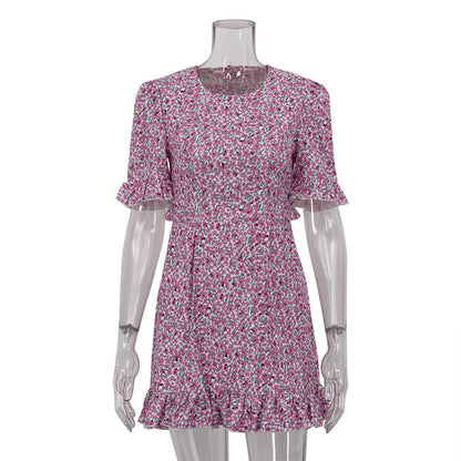 Robe à fleurs pour femmes, vêtements d'été, manches courtes, col rond, Sexy, dos nu, slim, taille haute, robe trapèze