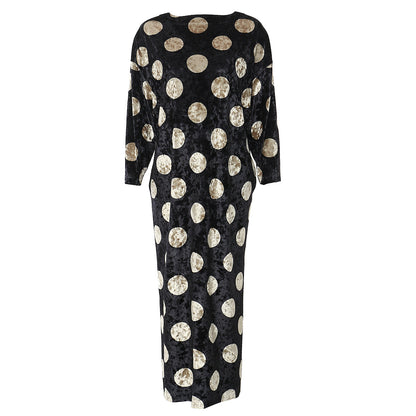 Loose Version Polka Dot Gold Two Tone Flocking Diamond Velvet Dress Women