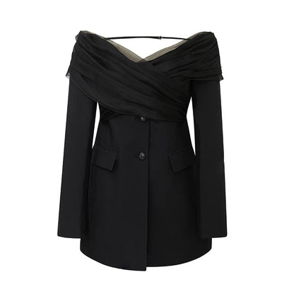 Robe blazer sexy d'été à épaules dénudées et coutures en fil de filet industriel lourd à manches longues pour femmes