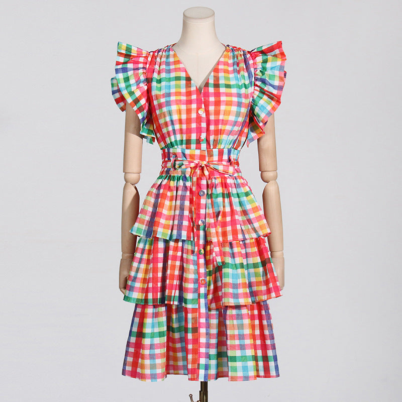 French Pastoral Retro Summer Flying Sleeves Plaid Printing Color Contrast Short High Waist Dress for Women