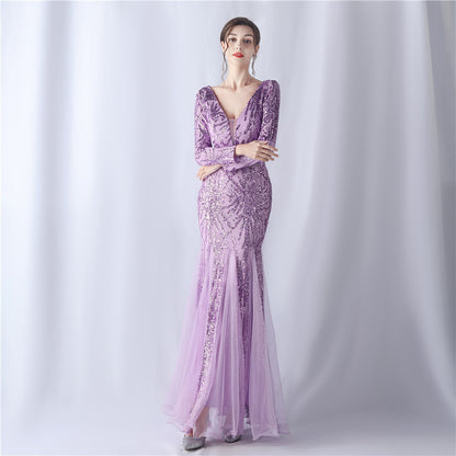 Mesh Sequin Wedding Dinner Annual Meeting Host Long Sleeve Evening Dress