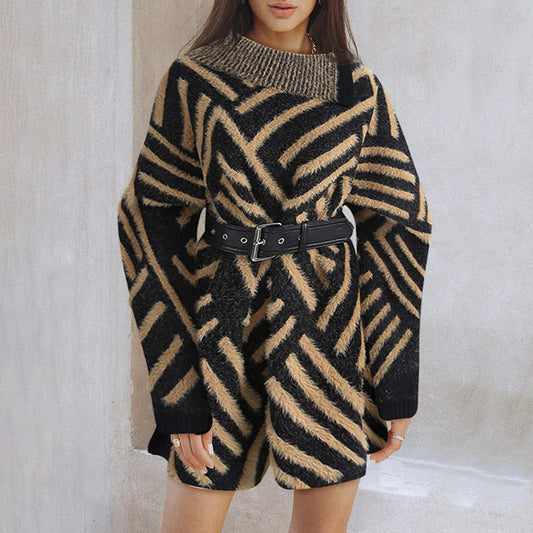 Loose Knitted Dress Winter Stand Collar Oblique Buckle Long Sleeve Mink Hair Sweater with Belt