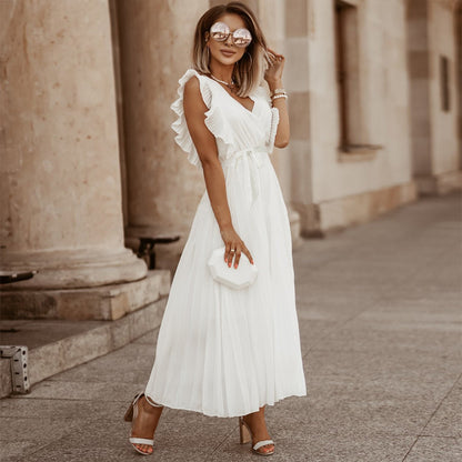 Robe de plage élégante, coupe cintrée, Sexy, manches à volants, en mousseline de soie plissée, couleur unie