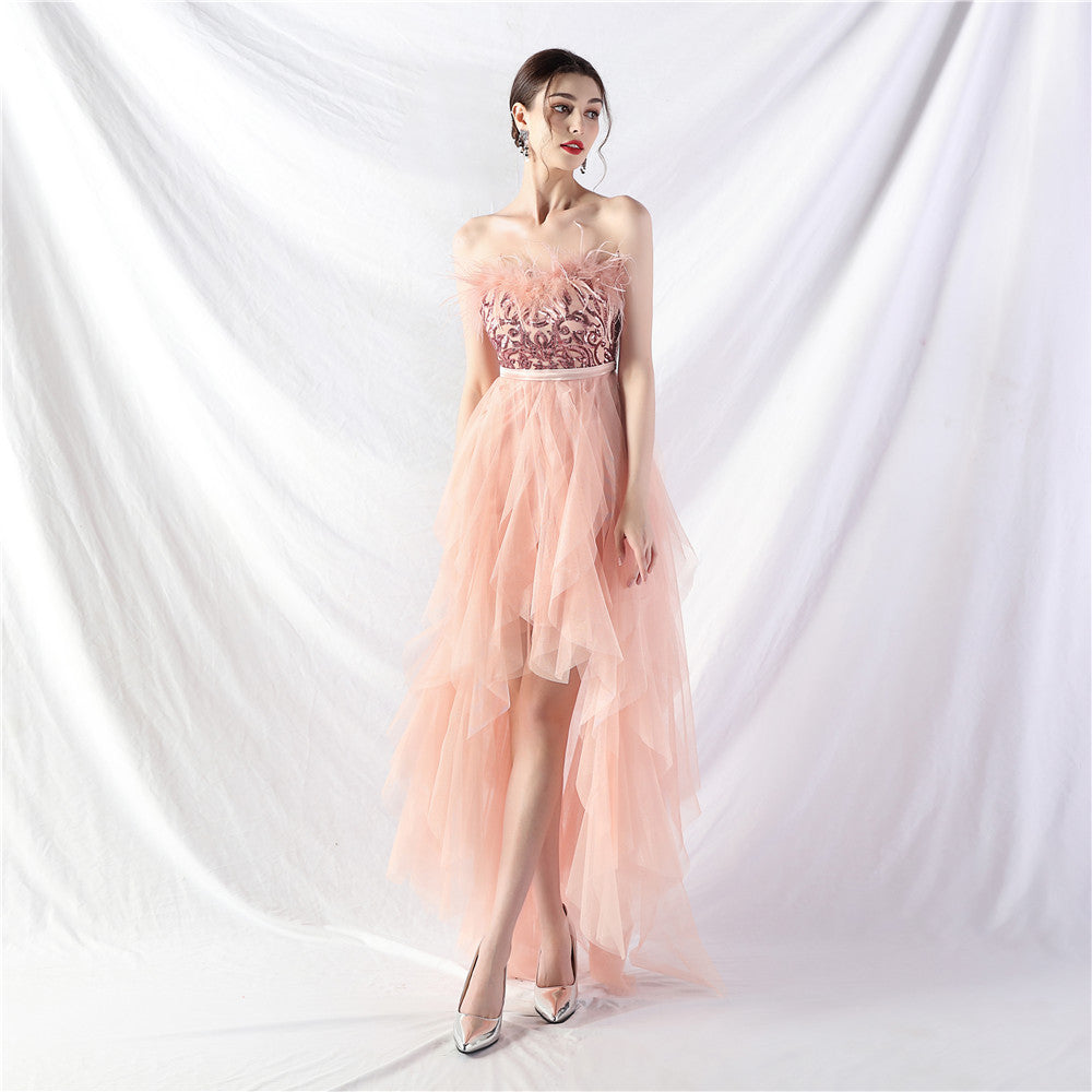 Hand Ordered Ostrich Feather Positioning Floral Sequin Mesh Front Short Back Long Wrapped Chest Evening Dress