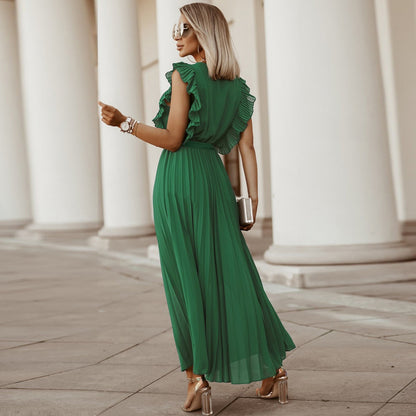 Robe de plage élégante, coupe cintrée, Sexy, manches à volants, en mousseline de soie plissée, couleur unie