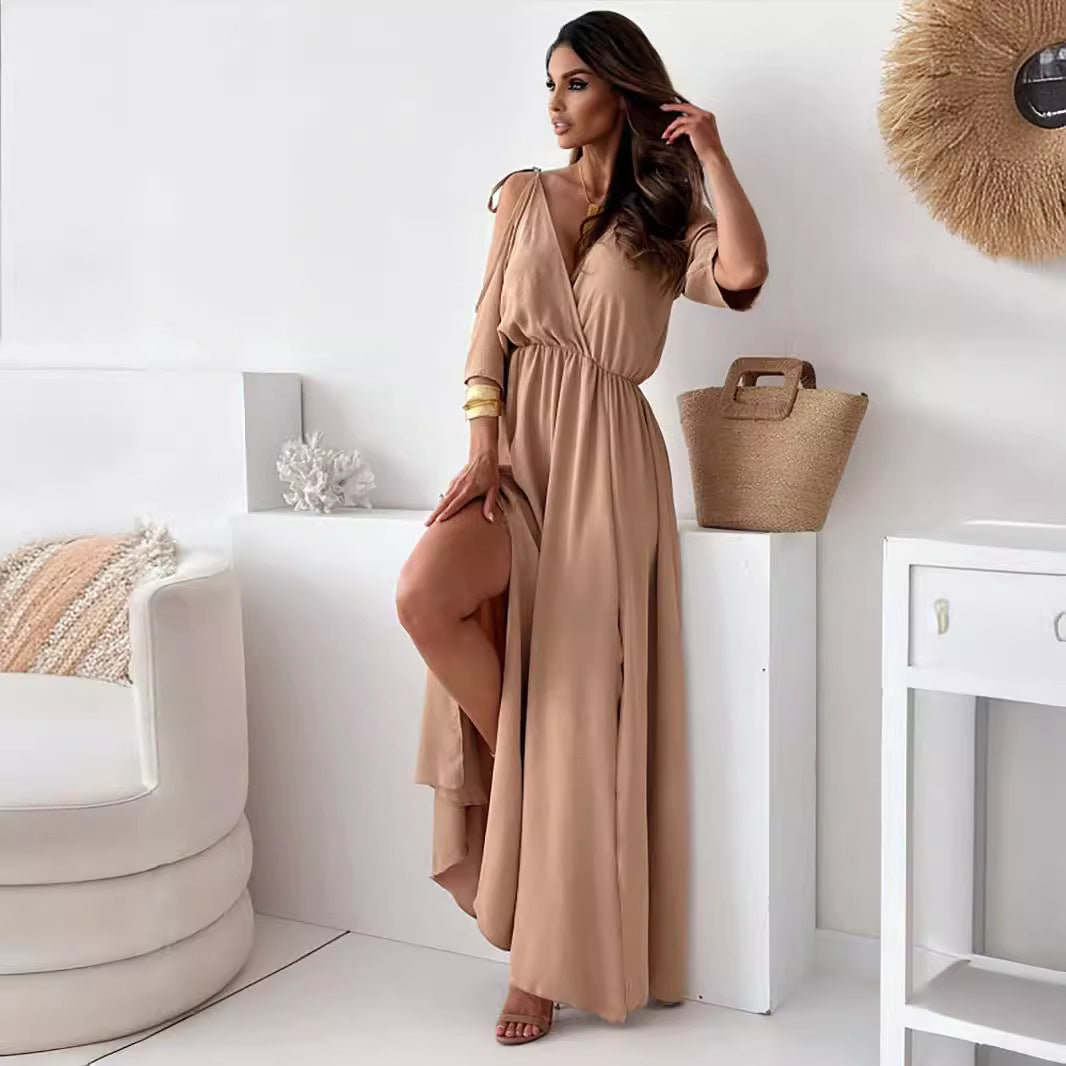 Robe mi-longue à manches mi-longues pour femmes, vêtements couleur unie, écharpe Sexy