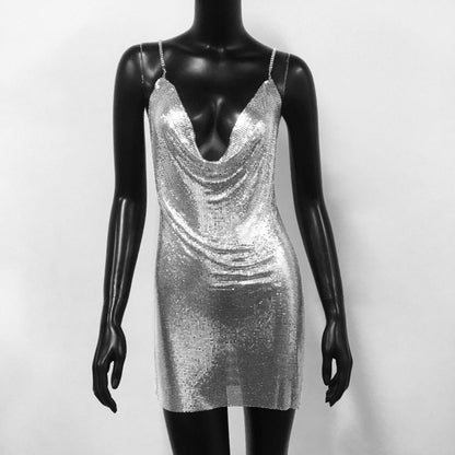 Dress Sexy Drill Chain Metal Sequin Dress Nightclub Sexy Liquid Dress