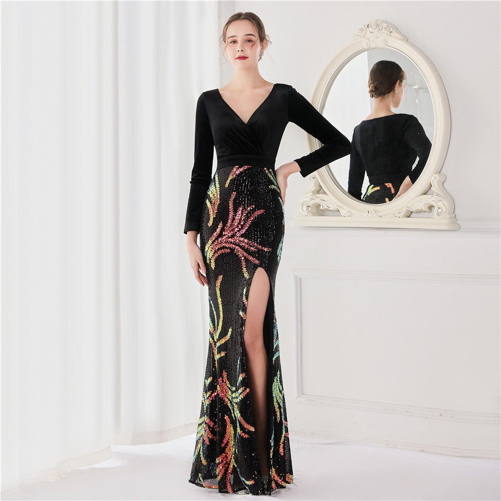 Robe de soirée en velours coréen à 10 paillettes à manches longues en queue de poisson pour femmes, haut de gamme, élégante, cocktail, réunion annuelle, roi