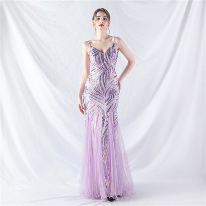 Lamination Sequin Stitching Mesh Camisole Evening Dress