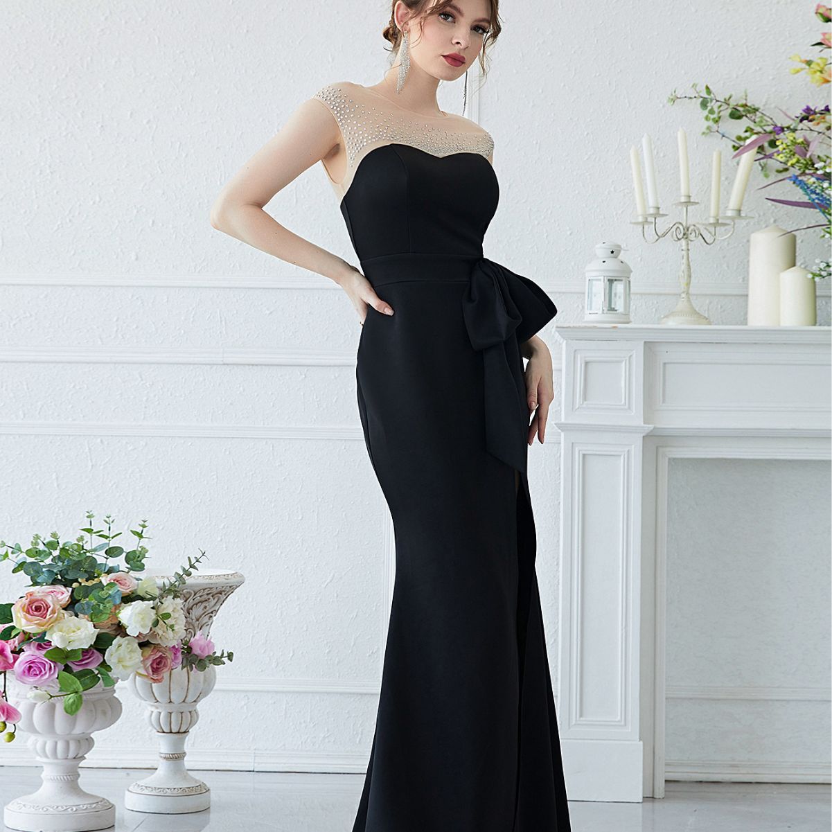 Evening Dress Rhinestone Stitching Sleeveless Prom Party Dress Fishtail Dress Slit Maxi Dress