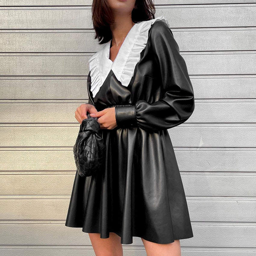 Autumn Winter Faux Leather Dress Doll Collar Fitted Waist High Waist Long Sleeve Black Punk Street Women