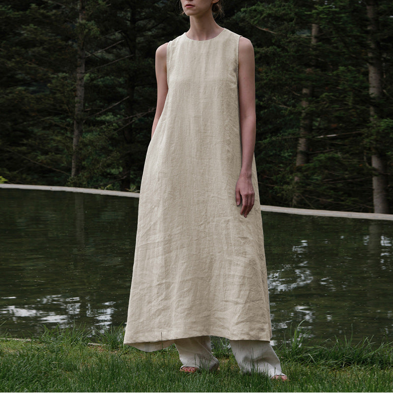 Robe Maxi en coton et lin, style pastoral français, sans manches, dos nu, ajouré, Niche décontractée, ample, été