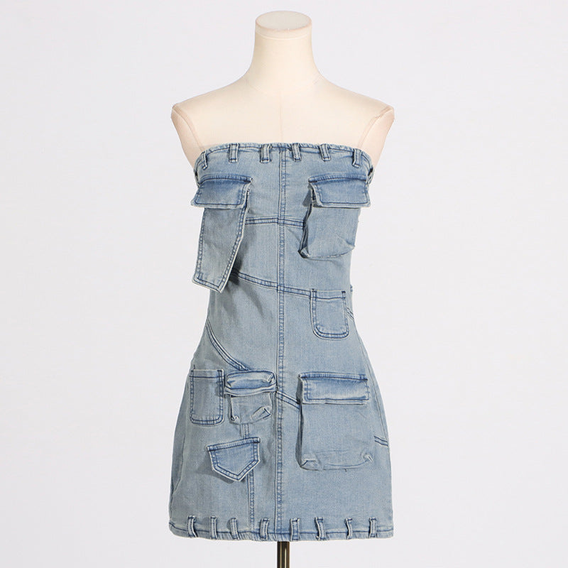 Summer Personality Trendy Multi Pocket Stitching Denim Tube Top Dress Women