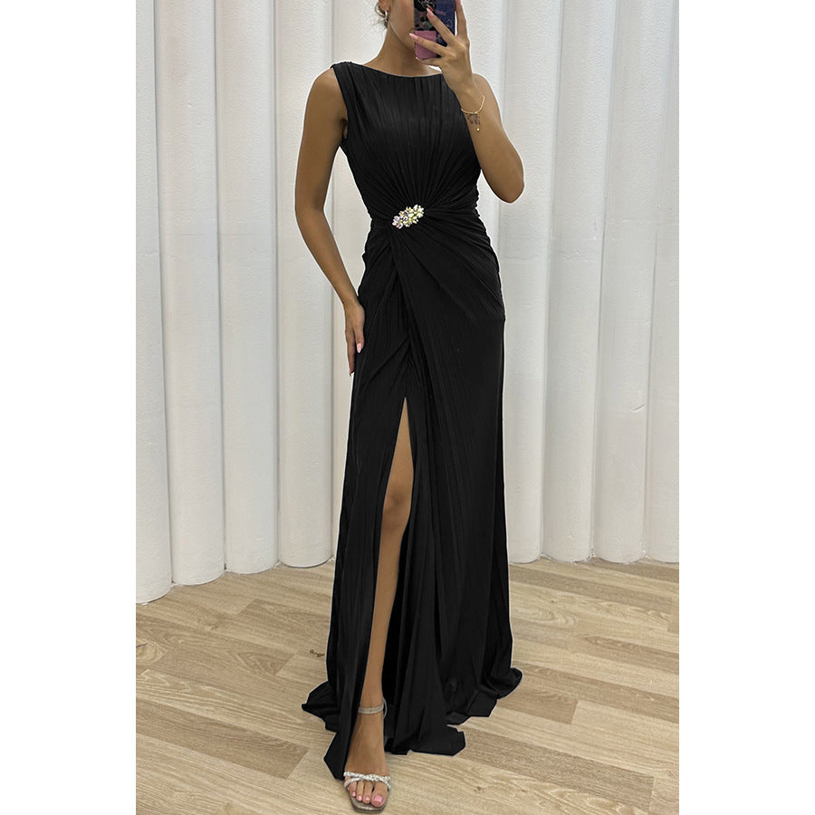 Pleated Split Casual Dress Sleeveless Dress Evening Dress Women