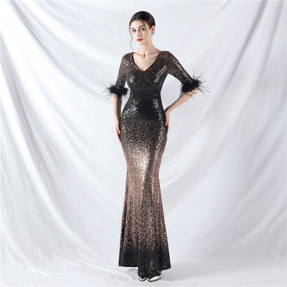 Dress Craft Order Ostrich Feather Gradient Sequin Long Sleeve Evening Dress