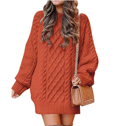 Round Neck Long Sleeve Twisted Knitted Thick Needle Pullover Mid Length Sweater Women Dress