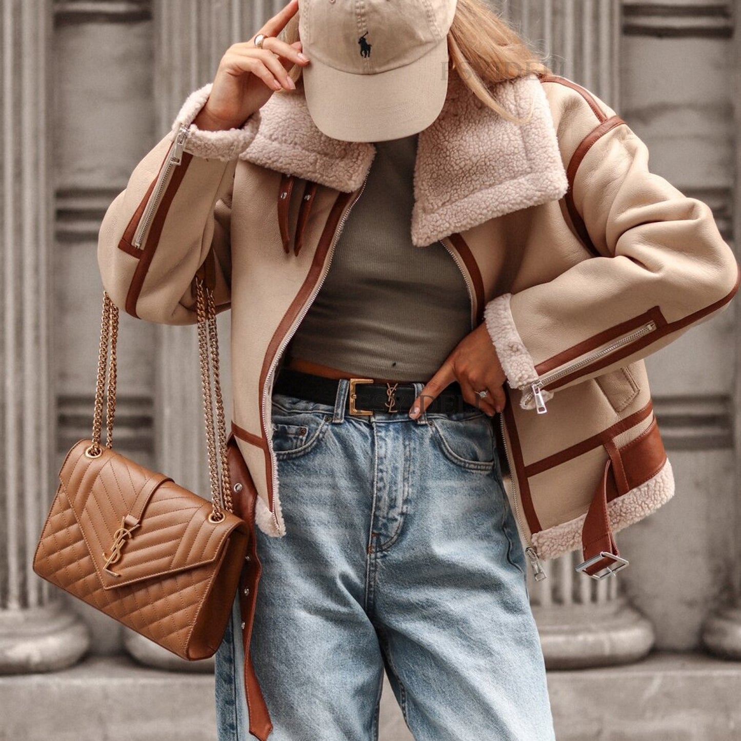 Manteau en laine d'agneau à col Polo pour femme, veste de Locomotive de rue, automne et hiver