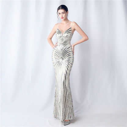 Positioning Floral Cutting Dinner Annual Meeting Wedding Sequin Sling Evening Dress