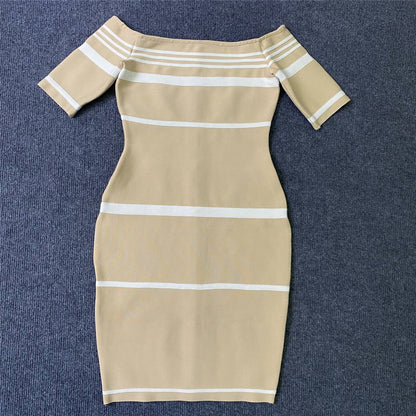 Sexy Off Shoulder Contrast Color Striped Bandage Dress Ladies Party Cocktail Dress Dress