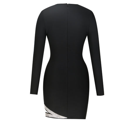 Autumn Winter Office Long Sleeve V Neck Sexy Drilling Bandage One Piece Dress