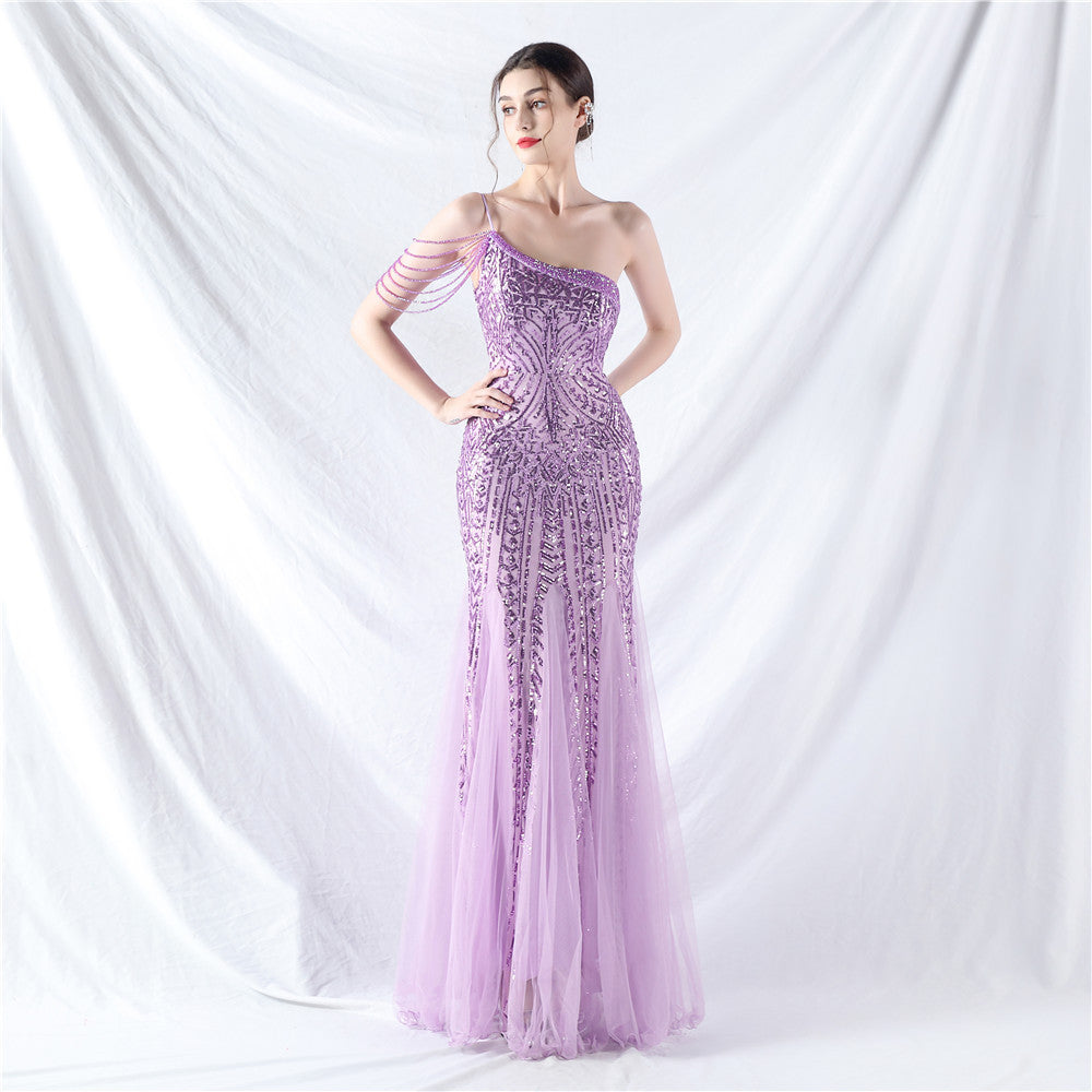 Dress Craft Beading Positioning Floral Sequin Stitching Mesh High-End Evening Dress