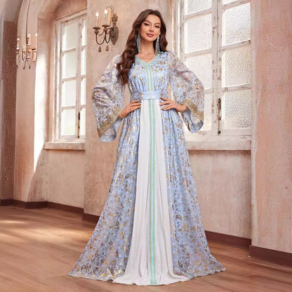 High Class Dubai Maxi Dress Women Middle East Dress Printed V neck Long Sleeve Ethnic Dress