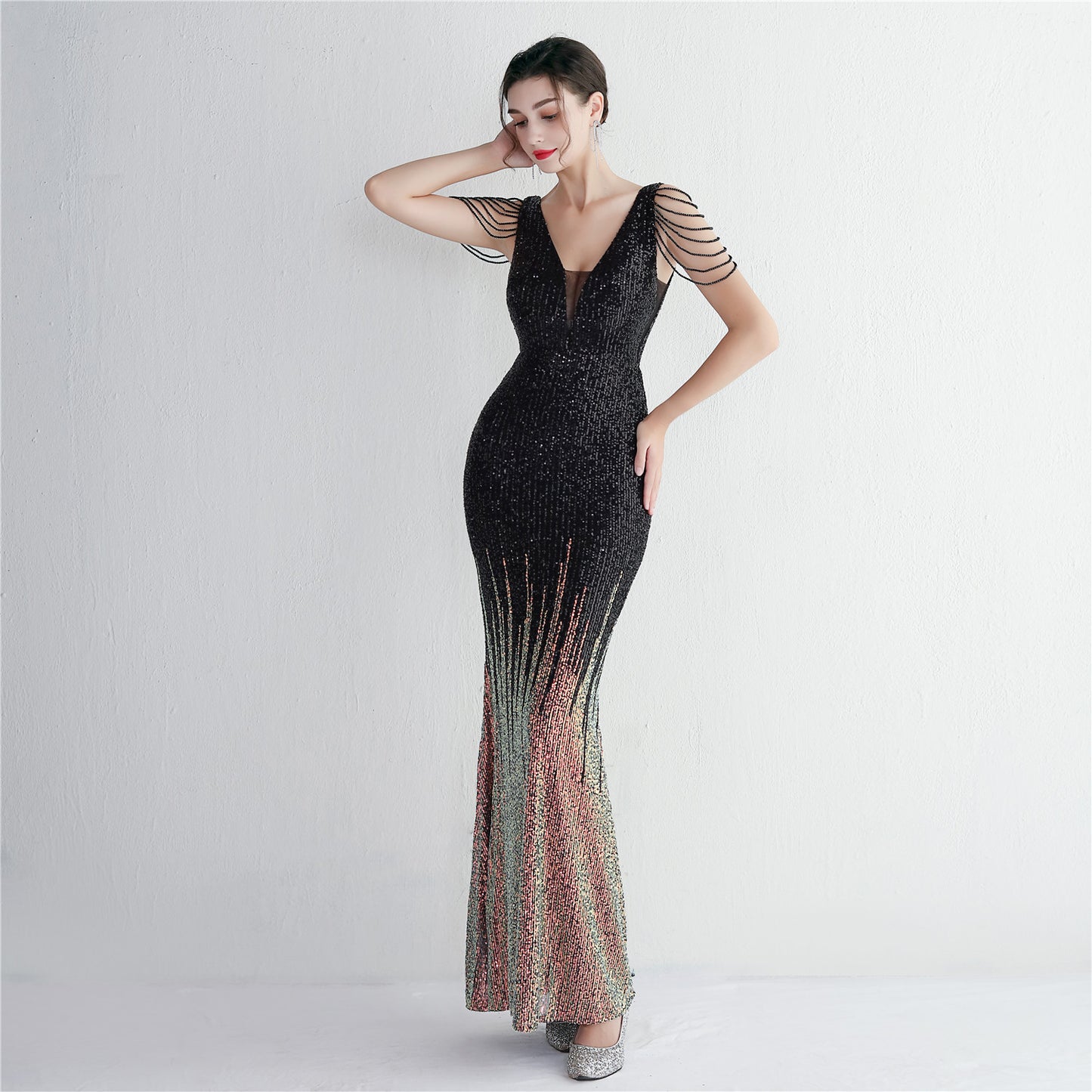 Vertical Stripes Gradient Sequin Party Dress Long Cocktail Slim Fit Evening Dress Elegant Cool Clothing