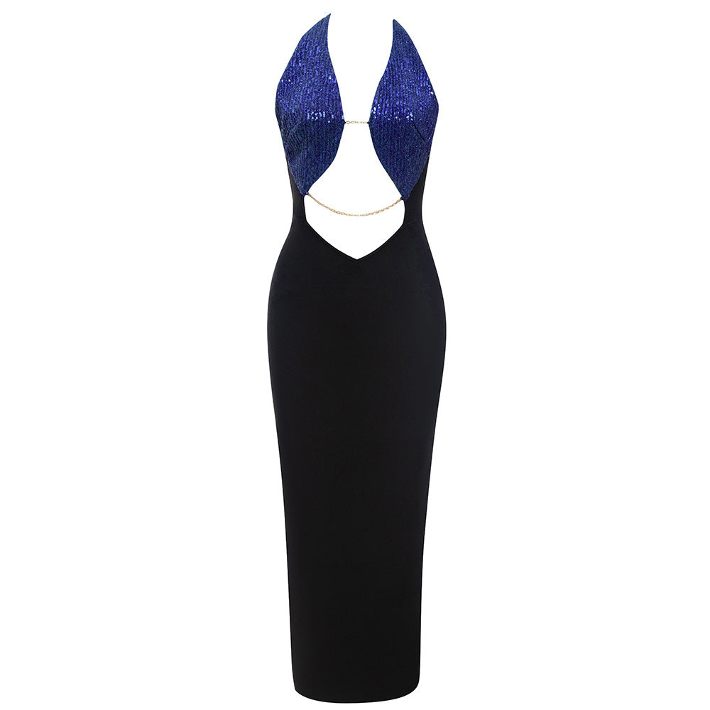 Simple Sexy Cutout Backless Halter Back Slit Slim Fit Dinner Party Bandage One Piece Dress Women